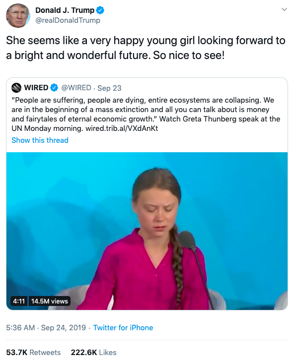 a screenshot of president donald trump sarcastically tweeting about greta thunberg's speech at the UN climate change summit